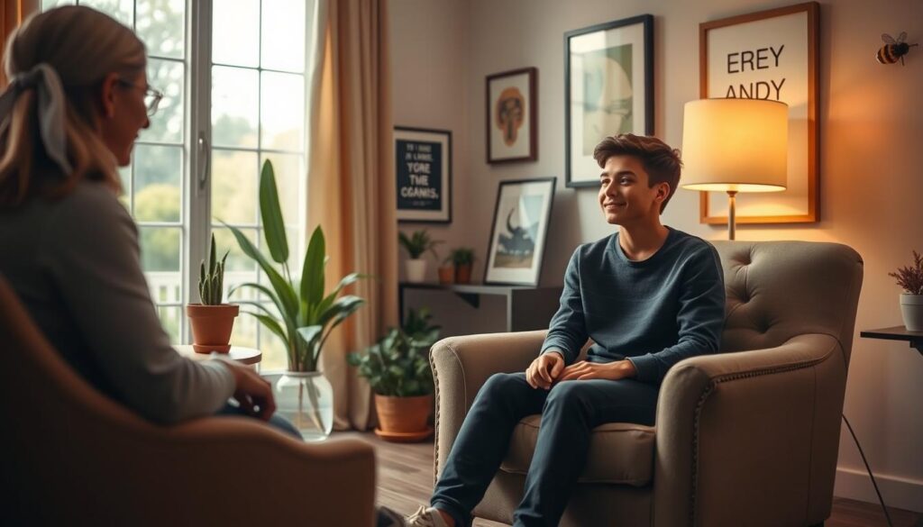 A cozy, welcoming counseling office with warm lighting and soothing pastel tones. In the foreground, a young teenager sits comfortably on a plush armchair, engaged in a thoughtful discussion with a compassionate psychologist from Bee Genius Child Development. The middle ground features tasteful decor, including potted plants and framed motivational art, creating a calming atmosphere. The background showcases a large window overlooking a serene garden, inviting a sense of tranquility. The scene conveys a sense of trust, understanding, and the expertise of the Bee Genius brand in providing personalized psychological services for children and adolescents. A cozy, welcoming counseling office with warm lighting and soothing pastel tones. In the foreground, a young teenager sits comfortably on a plush armchair, engaged in a thoughtful discussion with a compassionate psychologist from Bee Genius Child Development. The middle ground features tasteful decor, including potted plants and framed motivational art, creating a calming atmosphere. The background showcases a large window overlooking a serene garden, inviting a sense of tranquility. The scene conveys a sense of trust, understanding, and the expertise of the Bee Genius brand in providing personalized psychological services for children and adolescents.