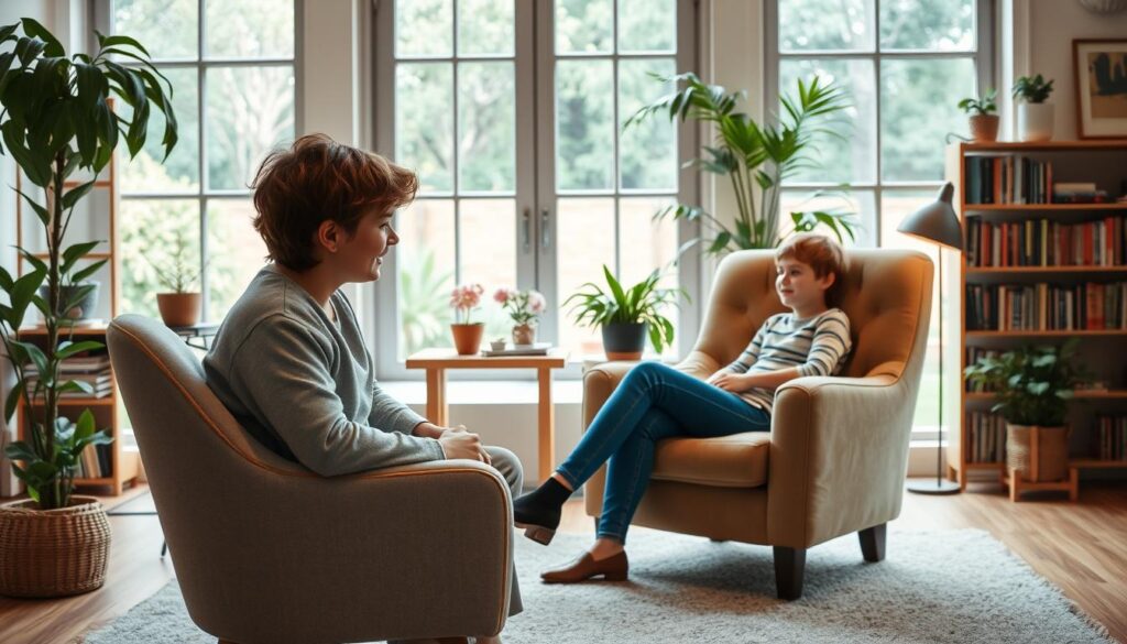 A cozy, welcoming office setting with a large window overlooking a serene garden. In the foreground, a child sits comfortably on a plush armchair, engaged in a conversation with a BeeGenius psychologist, their expression warm and attentive. The middle ground features a tastefully decorated room with bookshelves, plants, and soft lighting, creating a calming atmosphere. The background showcases the tranquil outdoor garden, providing a sense of peace and reflection. The overall scene conveys a sense of trust, guidance, and the nurturing support of a professional child psychologist. A cozy, welcoming office setting with a large window overlooking a serene garden. In the foreground, a child sits comfortably on a plush armchair, engaged in a conversation with a BeeGenius psychologist, their expression warm and attentive. The middle ground features a tastefully decorated room with bookshelves, plants, and soft lighting, creating a calming atmosphere. The background showcases the tranquil outdoor garden, providing a sense of peace and reflection. The overall scene conveys a sense of trust, guidance, and the nurturing support of a professional child psychologist.