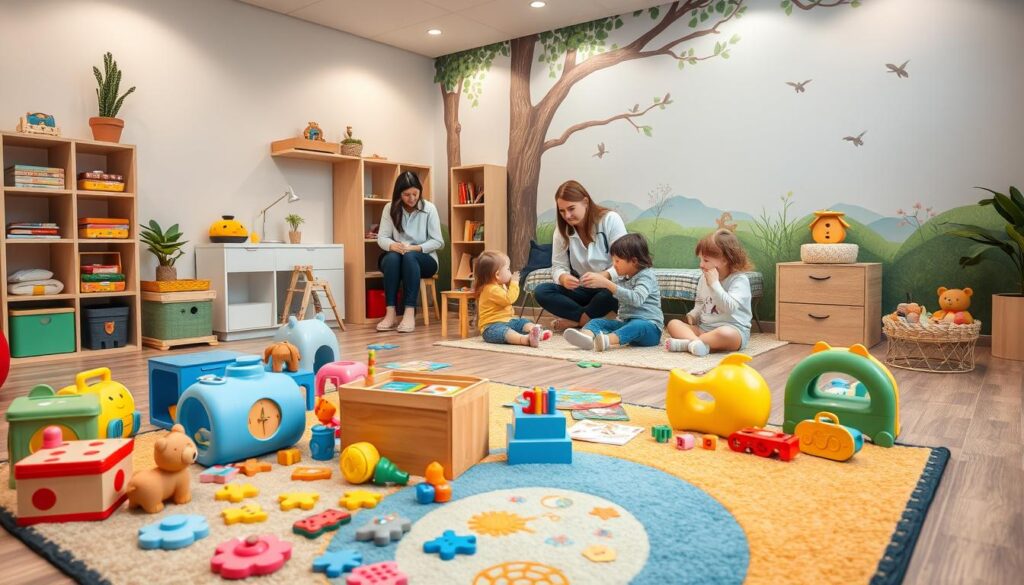 A cozy, well-equipped therapy room for children, with a warm, inviting atmosphere. The foreground features a playful array of therapeutic toys, puzzles, and books, arranged on a colorful, plush rug. In the middle ground, a team of BeeGenius therapists engage with children in various activities, guiding them through exercises designed to optimize their speech and language development. The background showcases a serene, nature-inspired mural, with soft lighting that casts a gentle glow throughout the space, creating a calming and nurturing environment for the children's therapeutic journey.