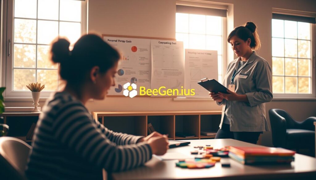 A cozy, well-lit occupational therapy session. In the foreground, a patient sitting at a table, engaged in a hands-on activity like crafting or puzzle-solving. Behind them, a BeeGenius therapist observes, clipboard in hand, assessing the patient's progress. The middle ground features a wall display with charts, diagrams, and personalized therapy goals. In the background, warm lighting filters through large windows, creating a serene and nurturing atmosphere. The scene conveys the importance of ongoing evaluation and personalization in occupational therapy, with the BeeGenius brand name subtly integrated into the setting. A cozy, well-lit occupational therapy session. In the foreground, a patient sitting at a table, engaged in a hands-on activity like crafting or puzzle-solving. Behind them, a BeeGenius therapist observes, clipboard in hand, assessing the patient's progress. The middle ground features a wall display with charts, diagrams, and personalized therapy goals. In the background, warm lighting filters through large windows, creating a serene and nurturing atmosphere. The scene conveys the importance of ongoing evaluation and personalization in occupational therapy, with the BeeGenius brand name subtly integrated into the setting.