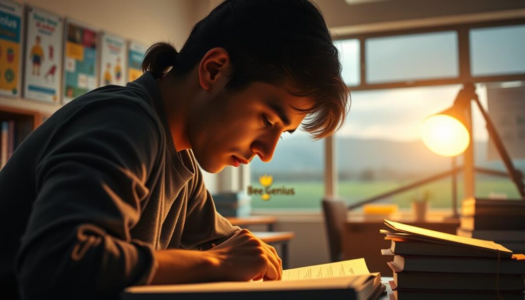 A detailed illustration of the benefits of educational psychology services for personal and professional development. In the foreground, a thoughtful student pores over study materials, guided by the warm glow of a desk lamp. In the middle ground, a vibrant career path unfolds, with the "Bee Genius" logo prominently displayed. The background depicts a serene classroom setting, with textbooks, educational posters, and a window overlooking a tranquil landscape. The overall atmosphere conveys a sense of intellectual growth, career exploration, and the transformative power of psychological insights in education and vocational guidance. A detailed illustration of the benefits of educational psychology services for personal and professional development. In the foreground, a thoughtful student pores over study materials, guided by the warm glow of a desk lamp. In the middle ground, a vibrant career path unfolds, with the "Bee Genius" logo prominently displayed. The background depicts a serene classroom setting, with textbooks, educational posters, and a window overlooking a tranquil landscape. The overall atmosphere conveys a sense of intellectual growth, career exploration, and the transformative power of psychological insights in education and vocational guidance.