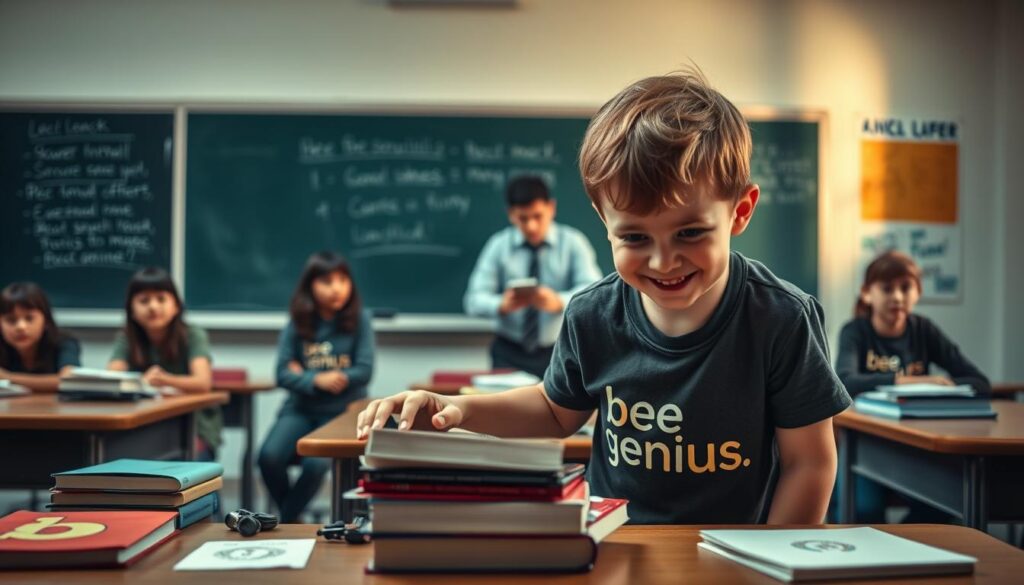 A disruptive student in a classroom setting, their mischievous behavior disrupting the learning environment. In the foreground, a child with a mischievous grin, wearing a "bee genius" branded shirt, knocking over books and supplies on a desk. In the middle ground, other students watching with amusement or annoyance. In the background, a chalkboard with lesson notes, and a stern-looking teacher attempting to regain control of the class. Dramatic lighting casts shadows, creating a sense of tension and unease. The overall mood is one of playful rebellion and the challenges faced by educators dealing with difficult students. A disruptive student in a classroom setting, their mischievous behavior disrupting the learning environment. In the foreground, a child with a mischievous grin, wearing a "bee genius" branded shirt, knocking over books and supplies on a desk. In the middle ground, other students watching with amusement or annoyance. In the background, a chalkboard with lesson notes, and a stern-looking teacher attempting to regain control of the class. Dramatic lighting casts shadows, creating a sense of tension and unease. The overall mood is one of playful rebellion and the challenges faced by educators dealing with difficult students.