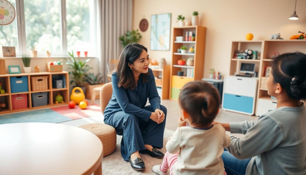 A friendly, welcoming child psychologist's office in Gading Serpong. The room is filled with natural light, soft pastel colors, and engaging toys and activities for children. A warm, nurturing atmosphere as a BeeGenius psychologist consults with an attentive parent, discussing strategies to support the child's emotional and developmental needs. The psychologist has a kind, approachable demeanor, putting the parent and child at ease. The scene conveys the expertise and care of the BeeGenius practice, creating a sense of comfort and trust. A friendly, welcoming child psychologist's office in Gading Serpong. The room is filled with natural light, soft pastel colors, and engaging toys and activities for children. A warm, nurturing atmosphere as a BeeGenius psychologist consults with an attentive parent, discussing strategies to support the child's emotional and developmental needs. The psychologist has a kind, approachable demeanor, putting the parent and child at ease. The scene conveys the expertise and care of the BeeGenius practice, creating a sense of comfort and trust.