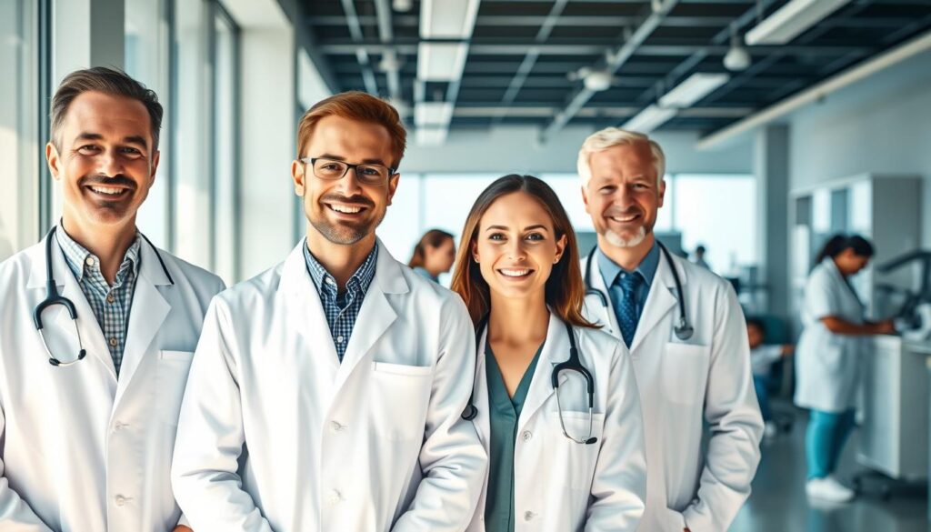A group of experienced pediatric specialists in a modern medical clinic, wearing crisp white coats and warm, welcoming expressions. The foreground features the head physicians, their faces lit by soft natural light from large windows. In the middle ground, nurses and assistants move about efficiently, tending to young patients. The background showcases the clinic's cutting-edge facilities and high-tech equipment, all evoking a sense of professionalism and care. The overall scene conveys the expertise and compassion of the "BeeGenius" medical team.