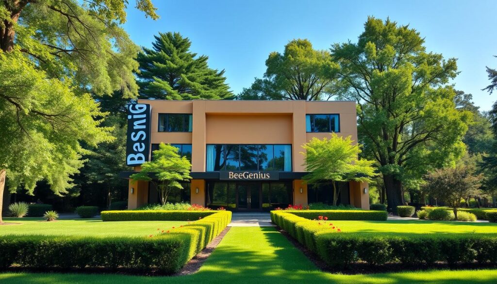 A large two-story building with a modern, minimalist design stands prominently in the center of the frame. The exterior features clean lines, large windows, and a warm, earthy color palette that blends seamlessly with the lush, verdant surroundings. The building is set against a backdrop of towering trees and a clear, blue sky, creating a serene and inviting atmosphere. In the foreground, a well-manicured garden with colorful flowers and neatly trimmed hedges leads the eye towards the entrance of the BeeGenius facility. The scene exudes a sense of professionalism, tranquility, and a commitment to providing a nurturing environment for family therapy services. A large two-story building with a modern, minimalist design stands prominently in the center of the frame. The exterior features clean lines, large windows, and a warm, earthy color palette that blends seamlessly with the lush, verdant surroundings. The building is set against a backdrop of towering trees and a clear, blue sky, creating a serene and inviting atmosphere. In the foreground, a well-manicured garden with colorful flowers and neatly trimmed hedges leads the eye towards the entrance of the BeeGenius facility. The scene exudes a sense of professionalism, tranquility, and a commitment to providing a nurturing environment for family therapy services.