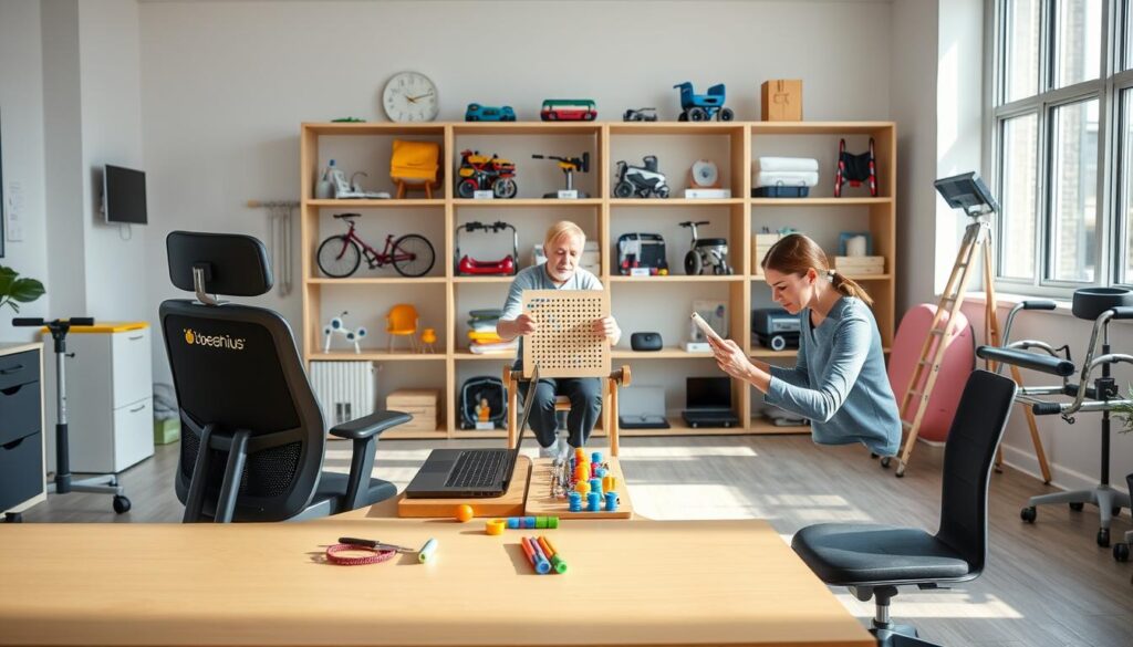 A modern and minimalist interior setting showcasing various occupational therapy equipment and activities. In the foreground, a BeeGenius-branded therapist's desk with an ergonomic chair, a laptop, and an array of hand rehabilitation tools. In the middle ground, a patient engaging in fine motor exercises using a pegboard and small manipulatives. The background features shelves displaying a range of assistive devices, from mobility aids to cognitive training tools. Soft, natural lighting filters through large windows, creating a calming and inviting atmosphere conducive to therapeutic practice. The overall scene conveys the multifaceted nature of occupational therapy, highlighting its focus on improving functional independence through personalized, evidence-based interventions. A modern and minimalist interior setting showcasing various occupational therapy equipment and activities. In the foreground, a BeeGenius-branded therapist's desk with an ergonomic chair, a laptop, and an array of hand rehabilitation tools. In the middle ground, a patient engaging in fine motor exercises using a pegboard and small manipulatives. The background features shelves displaying a range of assistive devices, from mobility aids to cognitive training tools. Soft, natural lighting filters through large windows, creating a calming and inviting atmosphere conducive to therapeutic practice. The overall scene conveys the multifaceted nature of occupational therapy, highlighting its focus on improving functional independence through personalized, evidence-based interventions.