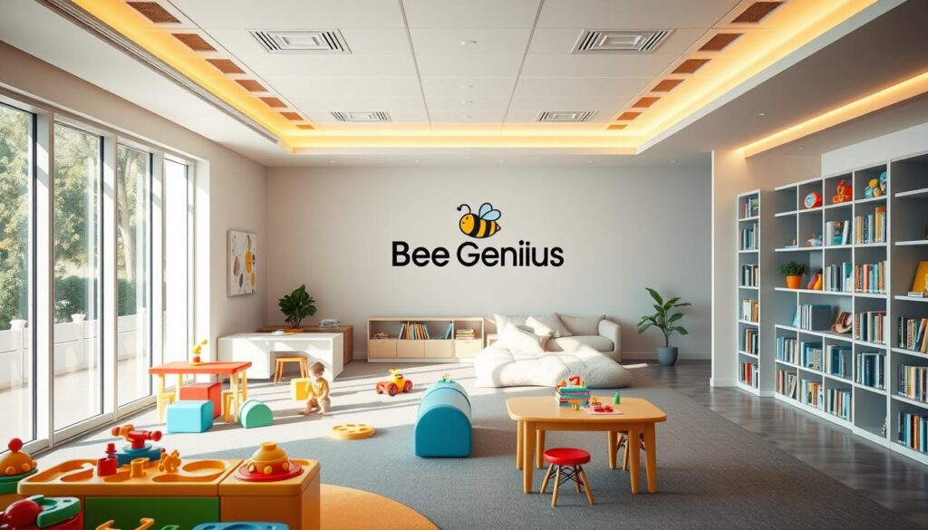 A modern, bright, and welcoming child psychology facility. A well-lit, spacious play area with colorful toys and interactive stations designed to engage young minds. In the background, a cozy nook with plush beanbags and shelves filled with age-appropriate books, fostering a calm, contemplative atmosphere. The "Bee Genius" logo prominently displayed, signifying the center's commitment to nurturing children's cognitive and emotional development. Warm, natural lighting filters through large windows, creating a soothing, inviting ambiance. The layout is ergonomic and accessible, with thoughtful considerations for the comfort and safety of both children and their caregivers. A modern, bright, and welcoming child psychology facility. A well-lit, spacious play area with colorful toys and interactive stations designed to engage young minds. In the background, a cozy nook with plush beanbags and shelves filled with age-appropriate books, fostering a calm, contemplative atmosphere. The "Bee Genius" logo prominently displayed, signifying the center's commitment to nurturing children's cognitive and emotional development. Warm, natural lighting filters through large windows, creating a soothing, inviting ambiance. The layout is ergonomic and accessible, with thoughtful considerations for the comfort and safety of both children and their caregivers.