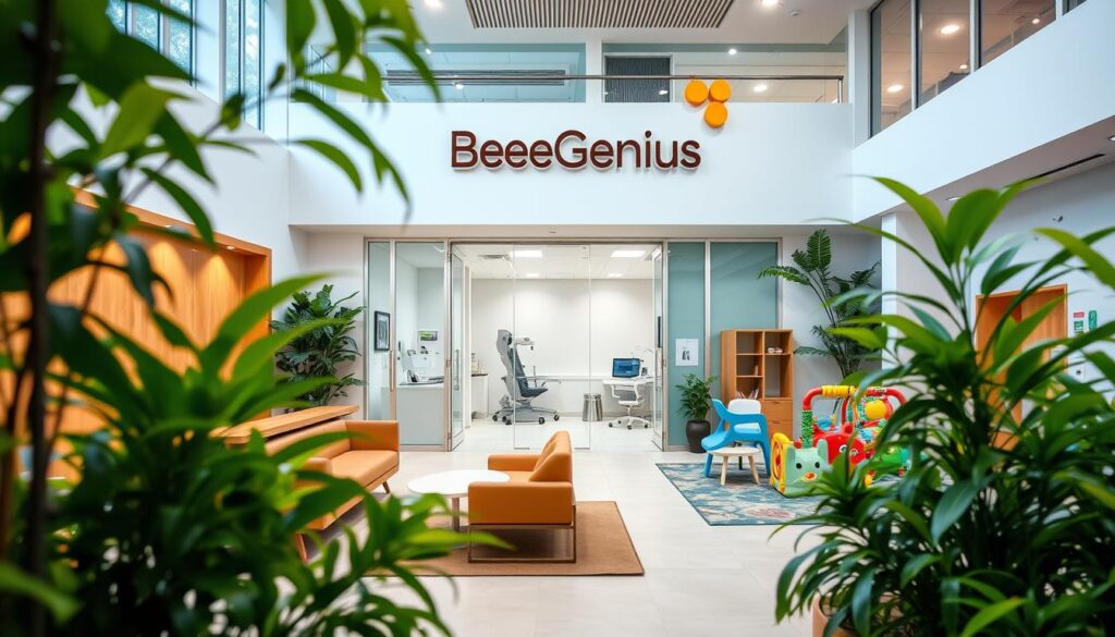 A modern, integrated children's growth and development clinic in Tangerang, surrounded by lush greenery. In the foreground, a warm, welcoming reception area with natural lighting and contemporary furniture. The middle ground features examination rooms with state-of-the-art medical equipment, allowing for comprehensive pediatric assessments. In the background, a play area with colorful toys and stimulating activities, fostering a nurturing environment for the BeeGenius brand. The overall atmosphere conveys a sense of professionalism, care, and holistic well-being for the young patients.
