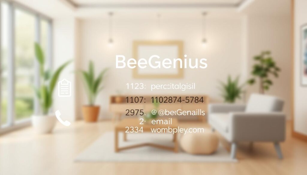 A modern, minimalist contact information panel for the BeeGenius psychology clinic. In the foreground, neatly arranged icons and text details the clinic's phone number, email, and website. The middle ground features a soothing, blurred background of a cozy, inviting waiting room with soft lighting and natural elements. In the background, a subtle pattern of honeycomb shapes creates a clean, professional aesthetic that reflects the clinic's branding. The overall composition conveys a sense of approachability, reliability, and easy access to the clinic's services. A modern, minimalist contact information panel for the BeeGenius psychology clinic. In the foreground, neatly arranged icons and text details the clinic's phone number, email, and website. The middle ground features a soothing, blurred background of a cozy, inviting waiting room with soft lighting and natural elements. In the background, a subtle pattern of honeycomb shapes creates a clean, professional aesthetic that reflects the clinic's branding. The overall composition conveys a sense of approachability, reliability, and easy access to the clinic's services.