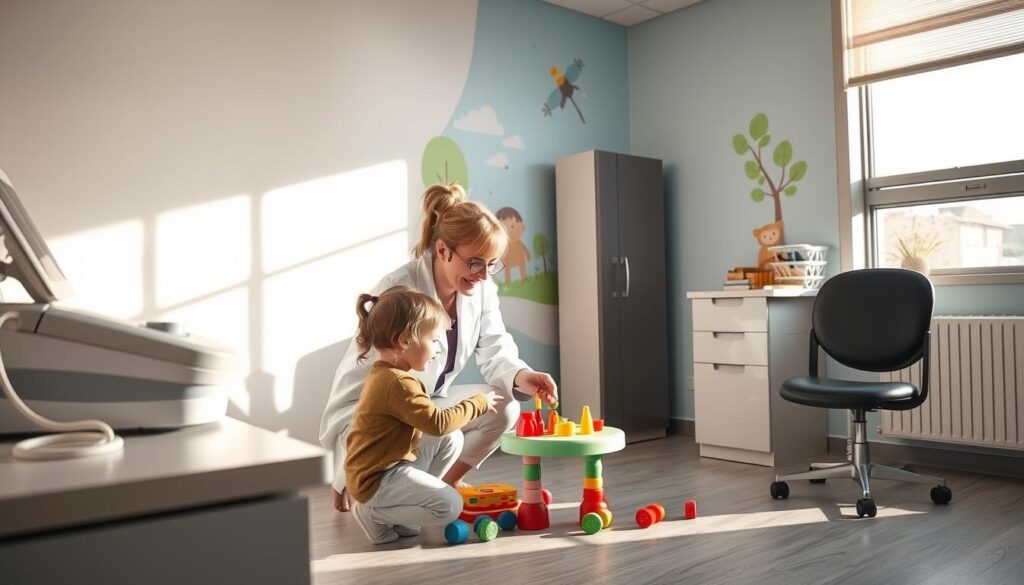 A modern pediatric diagnostic room, bathed in soft, natural light. Sleek medical equipment sits on a polished counter, while a child-friendly mural adorns the wall. A BeeGenius therapist, in a crisp white coat, crouches at eye level with a young patient, using colorful toys and engaging activities to assess their cognitive and behavioral development. The room's atmosphere is calm and reassuring, designed to put the child at ease during this important evaluation process. A modern pediatric diagnostic room, bathed in soft, natural light. Sleek medical equipment sits on a polished counter, while a child-friendly mural adorns the wall. A BeeGenius therapist, in a crisp white coat, crouches at eye level with a young patient, using colorful toys and engaging activities to assess their cognitive and behavioral development. The room's atmosphere is calm and reassuring, designed to put the child at ease during this important evaluation process.