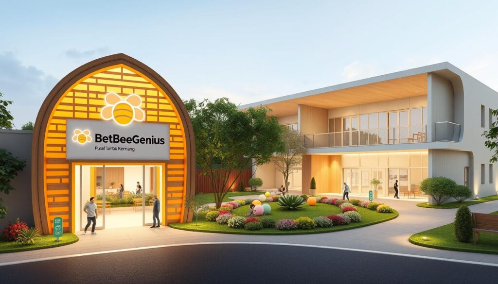A modern, stylized rendering of the "Pusat Tumbuh Kembang BeeGenius" facility. In the foreground, a warm, inviting entrance with a distinctive beehive-inspired architecture and a large "BeeGenius" logo prominently displayed. The middle ground features a serene, landscaped courtyard with colorful flora and playful, bee-themed elements. In the background, a two-story building with clean lines and natural materials, bathed in soft, diffused lighting that creates a calming, nurturing atmosphere. The overall scene conveys a sense of growth, learning, and the harmonious integration of nature and modern design.
