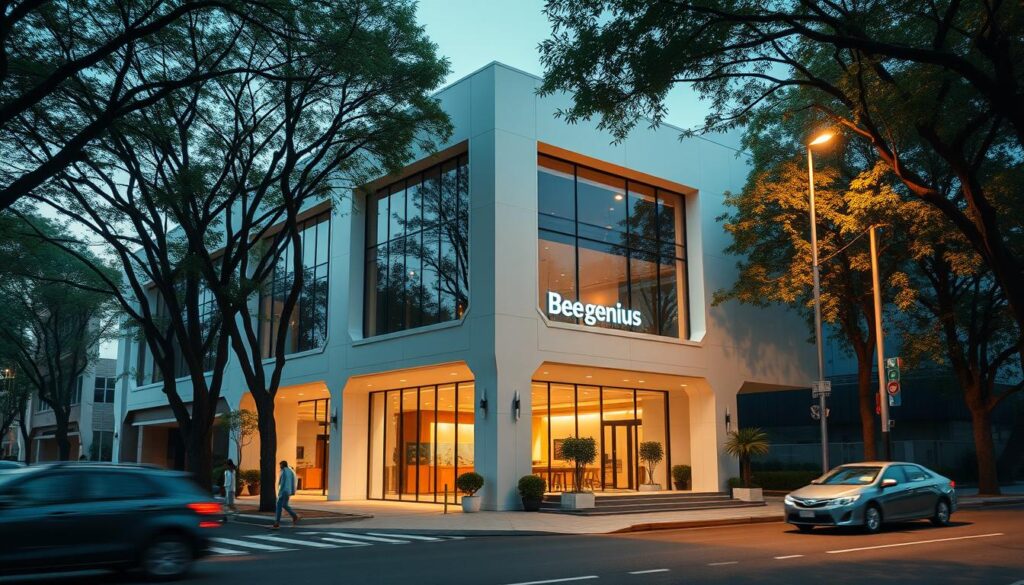 A modern two-story building with large windows and a sleek, minimalist facade stands prominently on a tree-lined street in Gading Serpong. The exterior is adorned with the "Bee Genius" logo, signifying the child development center within. The building is situated in a well-maintained commercial area, with pedestrians and passing vehicles adding to the lively urban atmosphere. Warm, diffused lighting illuminates the scene, casting a welcoming glow on the entrance. The angle captures the building's clean architectural design and the surrounding environment, providing a clear view of the "Bee Genius" location and setting the stage for the featured section of the article. A modern two-story building with large windows and a sleek, minimalist facade stands prominently on a tree-lined street in Gading Serpong. The exterior is adorned with the "Bee Genius" logo, signifying the child development center within. The building is situated in a well-maintained commercial area, with pedestrians and passing vehicles adding to the lively urban atmosphere. Warm, diffused lighting illuminates the scene, casting a welcoming glow on the entrance. The angle captures the building's clean architectural design and the surrounding environment, providing a clear view of the "Bee Genius" location and setting the stage for the featured section of the article.