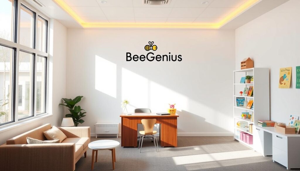 A modern, welcoming consultation room for child development, bathed in warm natural light filtering through large windows. The clean, minimalist interior features comfortable seating, a wooden desk, and shelves displaying educational toys and books. The BeeGenius logo is prominently displayed, conveying a sense of professionalism and expertise. The overall atmosphere is calm, nurturing, and conducive to open communication between parents and the child development specialist. The room's layout and decor promote a relaxed, collaborative environment for consultations on a child's growth and well-being. A modern, welcoming consultation room for child development, bathed in warm natural light filtering through large windows. The clean, minimalist interior features comfortable seating, a wooden desk, and shelves displaying educational toys and books. The BeeGenius logo is prominently displayed, conveying a sense of professionalism and expertise. The overall atmosphere is calm, nurturing, and conducive to open communication between parents and the child development specialist. The room's layout and decor promote a relaxed, collaborative environment for consultations on a child's growth and well-being.
