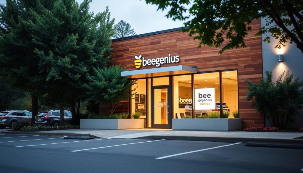 A modern, welcoming facade of the BeeGenius clinic stands prominently, its warm, natural wood accents and large windows creating an inviting atmosphere. The entrance is flanked by lush greenery, hinting at a calming, nature-inspired ambiance within. The building is situated on a quiet, tree-lined street, with ample parking space visible in the foreground. The lighting is soft and diffused, adding to the serene, professional vibe. The camera angle captures the clinic's exterior in a slightly elevated perspective, conveying a sense of approachability and accessibility. A modern, welcoming facade of the BeeGenius clinic stands prominently, its warm, natural wood accents and large windows creating an inviting atmosphere. The entrance is flanked by lush greenery, hinting at a calming, nature-inspired ambiance within. The building is situated on a quiet, tree-lined street, with ample parking space visible in the foreground. The lighting is soft and diffused, adding to the serene, professional vibe. The camera angle captures the clinic's exterior in a slightly elevated perspective, conveying a sense of approachability and accessibility.