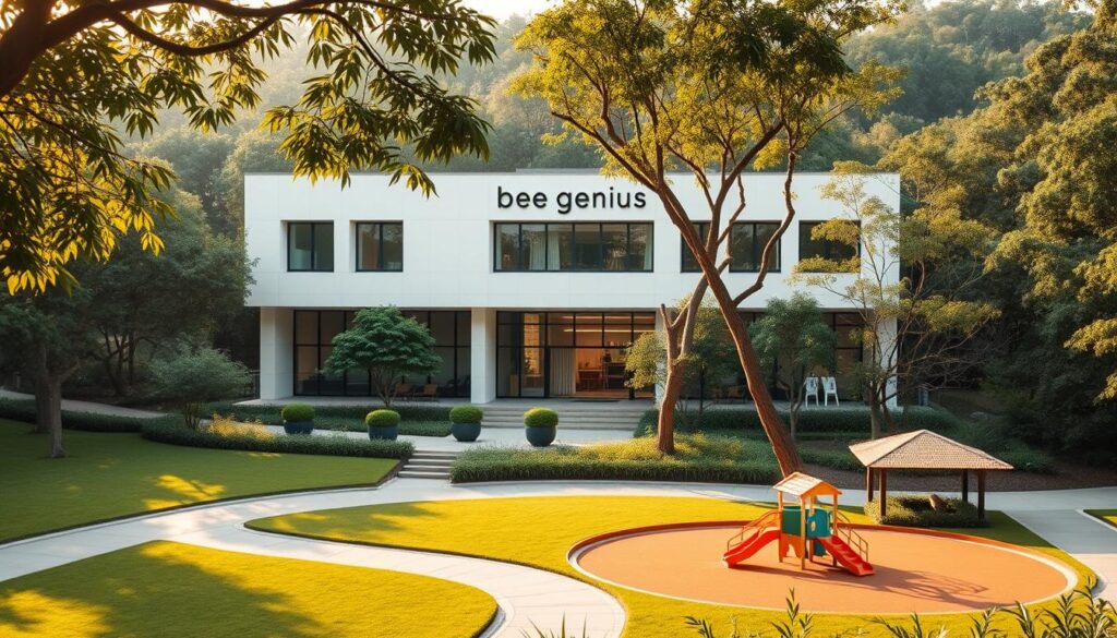 A modern, well-designed building nestled in a lush, verdant landscape, the "bee genius" child development center stands as a beacon of nurturing education. The facade features clean lines, large windows, and a welcoming entrance, surrounded by meticulously manicured gardens and walkways. Warm, natural lighting bathes the scene, creating a serene, inviting atmosphere. In the foreground, a play area with colorful equipment beckons young learners, while the middle ground showcases the building's harmonious integration with its natural environment. The background subtly frames the location, hinting at the vibrant community of Alam Sutera that the "bee genius" center proudly calls home. A modern, well-designed building nestled in a lush, verdant landscape, the "bee genius" child development center stands as a beacon of nurturing education. The facade features clean lines, large windows, and a welcoming entrance, surrounded by meticulously manicured gardens and walkways. Warm, natural lighting bathes the scene, creating a serene, inviting atmosphere. In the foreground, a play area with colorful equipment beckons young learners, while the middle ground showcases the building's harmonious integration with its natural environment. The background subtly frames the location, hinting at the vibrant community of Alam Sutera that the "bee genius" center proudly calls home.