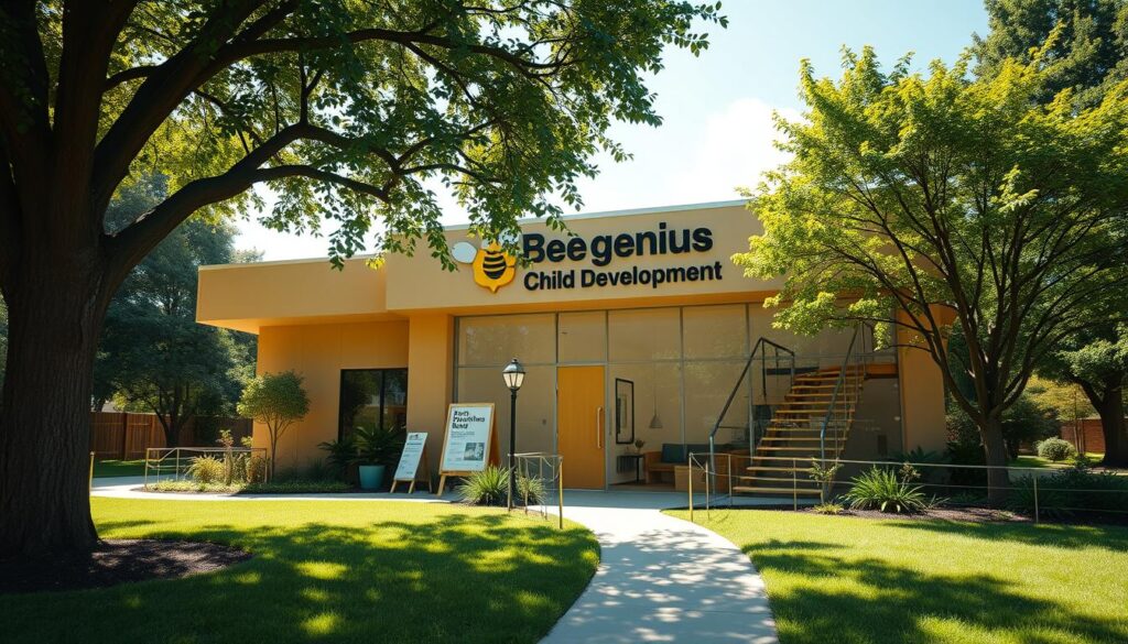A modern, well-equipped child development clinic nestled in a lush, verdant setting. The facade features clean lines and warm, inviting tones, blending seamlessly with the surrounding landscape. Towering trees provide dappled shade, while a welcoming pathway leads visitors towards the entrance. The "Bee Genius Child Development" signage stands prominently, conveying a sense of professionalism and expertise. Large windows allow natural light to flood the interior, creating a bright, airy atmosphere conducive to the clinic's purpose. Strategically placed seating areas and play zones cater to the needs of both children and their caregivers, fostering a comfortable and nurturing environment. A modern, well-equipped child development clinic nestled in a lush, verdant setting. The facade features clean lines and warm, inviting tones, blending seamlessly with the surrounding landscape. Towering trees provide dappled shade, while a welcoming pathway leads visitors towards the entrance. The "Bee Genius Child Development" signage stands prominently, conveying a sense of professionalism and expertise. Large windows allow natural light to flood the interior, creating a bright, airy atmosphere conducive to the clinic's purpose. Strategically placed seating areas and play zones cater to the needs of both children and their caregivers, fostering a comfortable and nurturing environment.