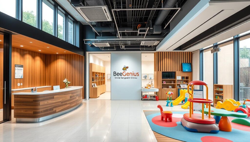 A modern, well-equipped child development clinic with a warm, inviting atmosphere. The facade features floor-to-ceiling windows, allowing natural light to flood the interior. The reception area has a sleek, minimalist design with wood and metal accents. In the examination rooms, state-of-the-art medical equipment is seamlessly integrated, creating a sense of advanced, holistic care. The play area is vibrant and engaging, with colorful toys and interactive stations promoting physical and cognitive development. Throughout the clinic, the BeeGenius brand is subtly incorporated, reflecting its commitment to exceptional pediatric services. The overall ambiance conveys a sense of professionalism, innovation, and a child-centric approach to healthcare.