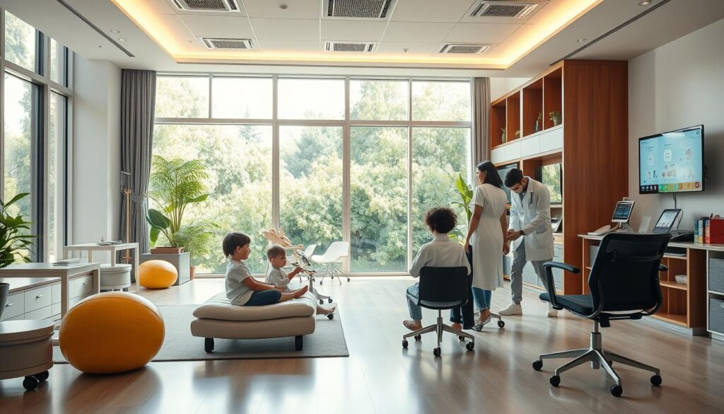 A modern, well-equipped child therapy facility with a bright, welcoming atmosphere. A spacious, light-filled room with large windows offering a panoramic view of a lush, verdant garden. Ergonomic, child-friendly furniture and specialized therapeutic equipment are neatly arranged, creating a nurturing environment. The Bee Genius Child Development Clinic features state-of-the-art technology, including interactive displays and digital learning tools, seamlessly integrated to enhance the therapeutic experience. The room is bathed in warm, natural lighting, creating a calming, soothing ambiance. Professionals in white coats provide attentive care, guiding young patients through engaging, age-appropriate activities that promote holistic growth and development. A modern, well-equipped child therapy facility with a bright, welcoming atmosphere. A spacious, light-filled room with large windows offering a panoramic view of a lush, verdant garden. Ergonomic, child-friendly furniture and specialized therapeutic equipment are neatly arranged, creating a nurturing environment. The Bee Genius Child Development Clinic features state-of-the-art technology, including interactive displays and digital learning tools, seamlessly integrated to enhance the therapeutic experience. The room is bathed in warm, natural lighting, creating a calming, soothing ambiance. Professionals in white coats provide attentive care, guiding young patients through engaging, age-appropriate activities that promote holistic growth and development.