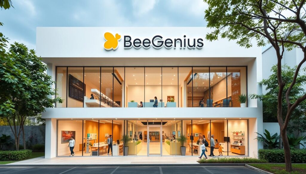 A modern, well-equipped pediatric growth and development clinic in Gading Serpong, featuring a bright, inviting exterior with large windows and a clean, minimalist design. The clinic, known as BeeGenius, is set against a backdrop of lush greenery and surrounded by the tranquil suburban landscape of Alam Sutera. Patients and their families are welcomed by a warm, professional staff in a calming, child-friendly environment optimized for comprehensive developmental assessments and personalized care. The clinic's interior showcases a thoughtful blend of soothing colors, natural light, and state-of-the-art diagnostic equipment, creating a harmonious, therapeutic atmosphere.