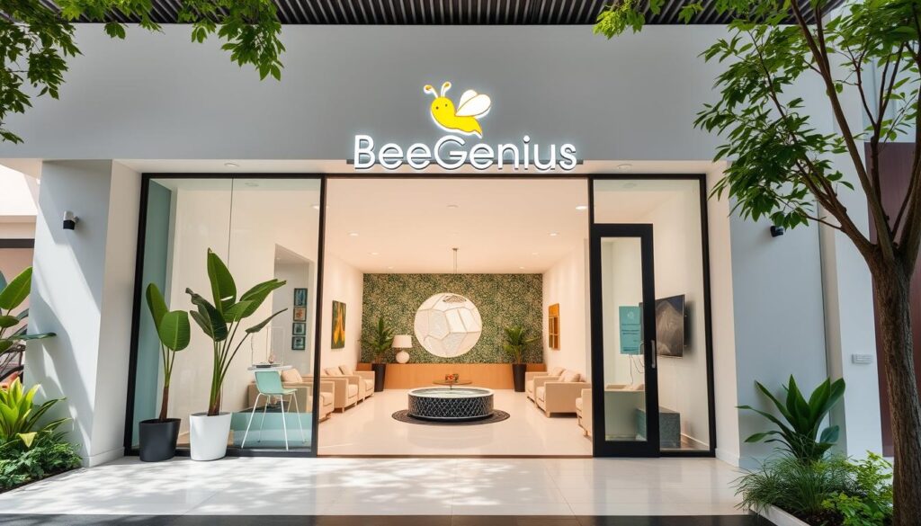 A modern, well-equipped pediatric growth and development clinic nestled in a bustling Tangerang neighborhood. The facade features a sleek, minimalist design with large windows, allowing natural light to flood the interior. The clinic's logo, "BeeGenius", is prominently displayed, conveying a sense of expertise and care. The entrance leads to a spacious, inviting lobby with comfortable seating and soothing pastel colors. In the background, lush greenery and a tranquil water feature create a calming, nature-inspired ambiance. The scene is captured through a wide-angle lens, emphasizing the clinic's welcoming and professional atmosphere.
