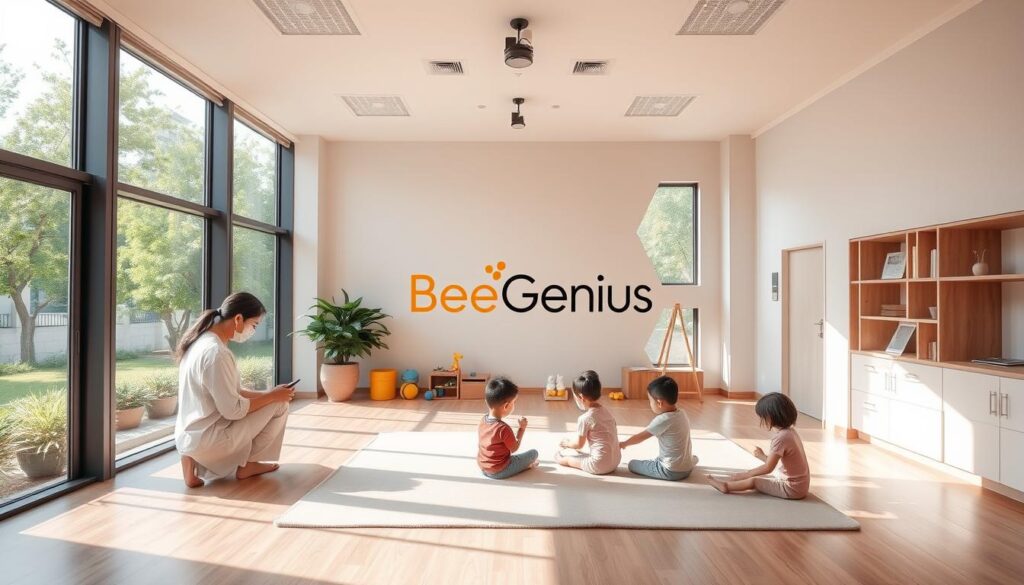 A modern, well-equipped pediatric therapy center with convenient access, located in the bustling Gading Serpong area of Tangerang. Sunlit, airy rooms with large windows overlooking a tranquil, verdant outdoor play space. Specialized therapists guide children through engaging, age-appropriate exercises, creating a nurturing environment for their growth and development. The BeeGenius logo prominently displayed, conveying a sense of professionalism and expertise. Warm, muted tones and clean, minimalist design evoke a calming, therapeutic atmosphere. Ample parking and easy access to public transportation ensure the center is accessible to families across the region. A modern, well-equipped pediatric therapy center with convenient access, located in the bustling Gading Serpong area of Tangerang. Sunlit, airy rooms with large windows overlooking a tranquil, verdant outdoor play space. Specialized therapists guide children through engaging, age-appropriate exercises, creating a nurturing environment for their growth and development. The BeeGenius logo prominently displayed, conveying a sense of professionalism and expertise. Warm, muted tones and clean, minimalist design evoke a calming, therapeutic atmosphere. Ample parking and easy access to public transportation ensure the center is accessible to families across the region.