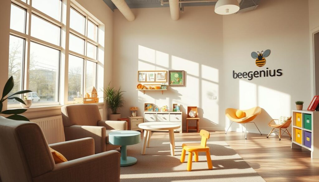 A modern, well-lit consultation room at the Bee Genius child development center. Sunlight streams through large windows, illuminating the cozy, professional setting. Plush chairs and a child-sized table occupy the foreground, inviting visitors to sit and engage in developmental assessments. The middle ground features educational toys, books, and developmental aids, showcasing Bee Genius's comprehensive approach. The background reveals a clean, tastefully decorated waiting area, with the Bee Genius logo prominently displayed on the wall, reinforcing the brand identity. A modern, well-lit consultation room at the Bee Genius child development center. Sunlight streams through large windows, illuminating the cozy, professional setting. Plush chairs and a child-sized table occupy the foreground, inviting visitors to sit and engage in developmental assessments. The middle ground features educational toys, books, and developmental aids, showcasing Bee Genius's comprehensive approach. The background reveals a clean, tastefully decorated waiting area, with the Bee Genius logo prominently displayed on the wall, reinforcing the brand identity.