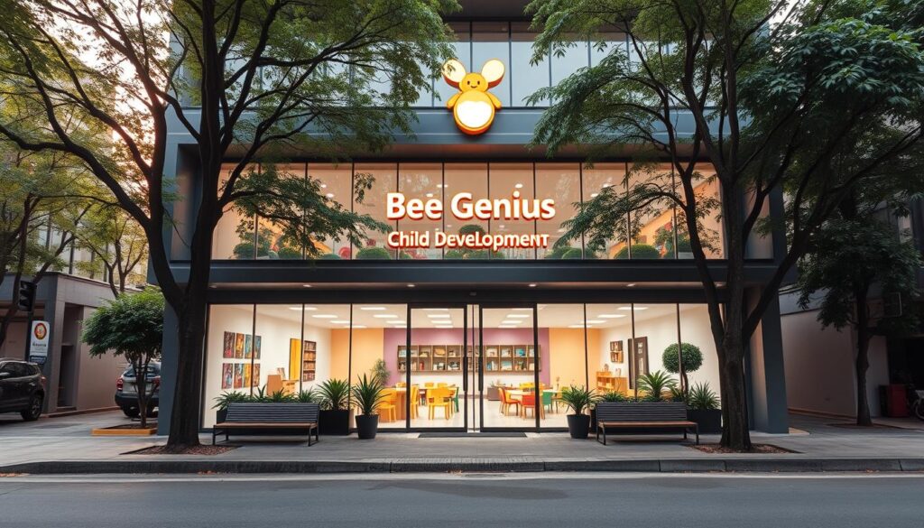 A modern, well-lit, two-story building with floor-to-ceiling windows stands prominently on a tree-lined street in Tangerang. The facade features the "Bee Genius Child Development" logo in a warm, inviting font. The entrance is flanked by potted plants and benches, creating a welcoming atmosphere. Through the glass, one can see a spacious, vibrant interior with colorful decor and child-friendly furnishings. The building is bathed in soft, natural light, creating a calming and nurturing environment. The scene conveys a sense of professionalism, expertise, and a deep commitment to supporting the emotional and cognitive growth of young minds. A modern, well-lit, two-story building with floor-to-ceiling windows stands prominently on a tree-lined street in Tangerang. The facade features the "Bee Genius Child Development" logo in a warm, inviting font. The entrance is flanked by potted plants and benches, creating a welcoming atmosphere. Through the glass, one can see a spacious, vibrant interior with colorful decor and child-friendly furnishings. The building is bathed in soft, natural light, creating a calming and nurturing environment. The scene conveys a sense of professionalism, expertise, and a deep commitment to supporting the emotional and cognitive growth of young minds.