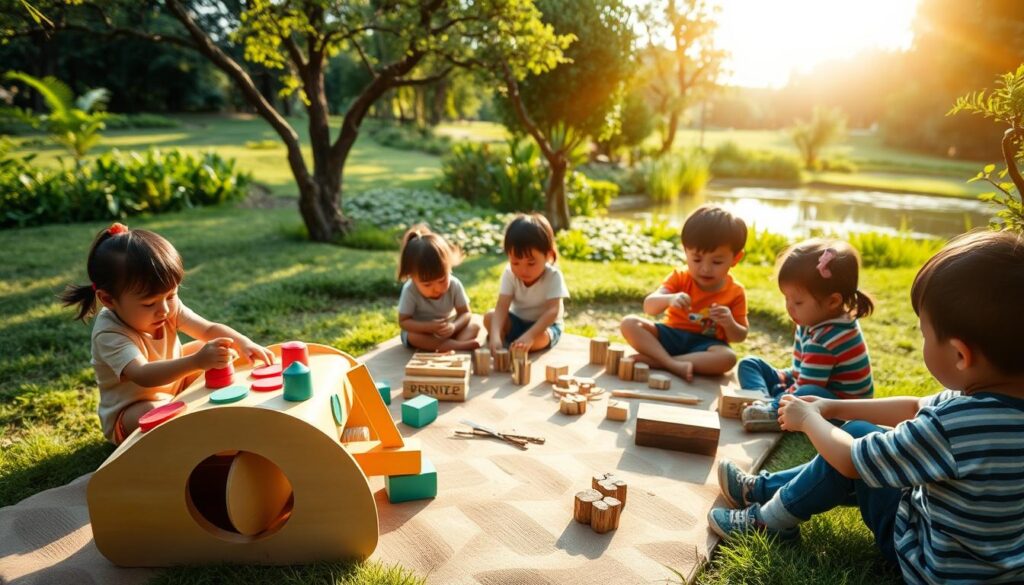 A peaceful outdoor play therapy session in the serene Alam Sutera landscape. A group of young children engaged in imaginative, nature-inspired activities under the warm, diffused lighting of a sunny day. In the foreground, a BeeGenius playset with colorful shapes and textures encourages tactile exploration. The middle ground features children building with wooden blocks and weaving natural materials, fostering cognitive development. In the background, lush greenery and a picturesque pond create a calming, therapeutic atmosphere. The overall scene conveys a sense of wonder, discovery, and the therapeutic benefits of play in a natural environment. A peaceful outdoor play therapy session in the serene Alam Sutera landscape. A group of young children engaged in imaginative, nature-inspired activities under the warm, diffused lighting of a sunny day. In the foreground, a BeeGenius playset with colorful shapes and textures encourages tactile exploration. The middle ground features children building with wooden blocks and weaving natural materials, fostering cognitive development. In the background, lush greenery and a picturesque pond create a calming, therapeutic atmosphere. The overall scene conveys a sense of wonder, discovery, and the therapeutic benefits of play in a natural environment.