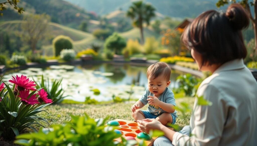 A peaceful outdoor therapy session for a young child, surrounded by the lush natural beauty of Alam Sutera. In the foreground, a BeeGenius therapist guides the child through engaging play-based activities, their expressions calm and focused. The middle ground reveals a tranquil garden setting, with verdant plants and a serene pond reflecting the sky. The background showcases the rolling hills and vibrant foliage characteristic of the region, creating a serene and nurturing atmosphere. The lighting is soft and diffused, adding to the sense of calm. The camera angle is slightly elevated, offering a warm, intimate perspective on the therapeutic process. A peaceful outdoor therapy session for a young child, surrounded by the lush natural beauty of Alam Sutera. In the foreground, a BeeGenius therapist guides the child through engaging play-based activities, their expressions calm and focused. The middle ground reveals a tranquil garden setting, with verdant plants and a serene pond reflecting the sky. The background showcases the rolling hills and vibrant foliage characteristic of the region, creating a serene and nurturing atmosphere. The lighting is soft and diffused, adding to the sense of calm. The camera angle is slightly elevated, offering a warm, intimate perspective on the therapeutic process.