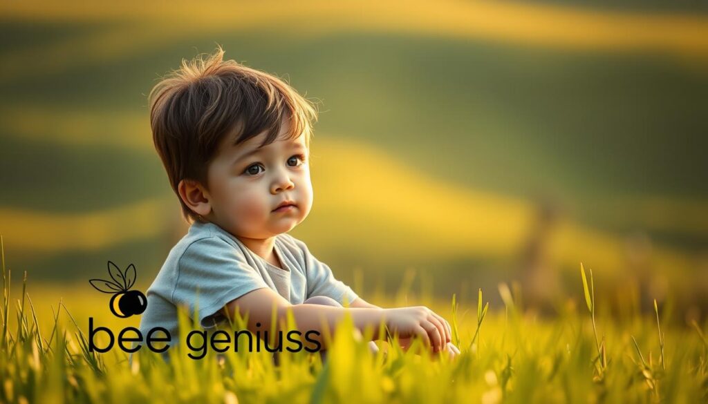 A peaceful, thoughtful child sitting on a lush, green meadow, surrounded by warm, natural lighting. The child's expression is pensive, as if contemplating the impact of labels and nicknames on their development. In the foreground, a bee logo for "bee genius" hovers discreetly, alluding to the child's innate potential. The background features a blurred, but serene landscape, conveying a sense of introspection and growth. The overall scene evokes a sense of the psychological effects that labels can have on a child's self-perception and emotional well-being. A peaceful, thoughtful child sitting on a lush, green meadow, surrounded by warm, natural lighting. The child's expression is pensive, as if contemplating the impact of labels and nicknames on their development. In the foreground, a bee logo for "bee genius" hovers discreetly, alluding to the child's innate potential. The background features a blurred, but serene landscape, conveying a sense of introspection and growth. The overall scene evokes a sense of the psychological effects that labels can have on a child's self-perception and emotional well-being.