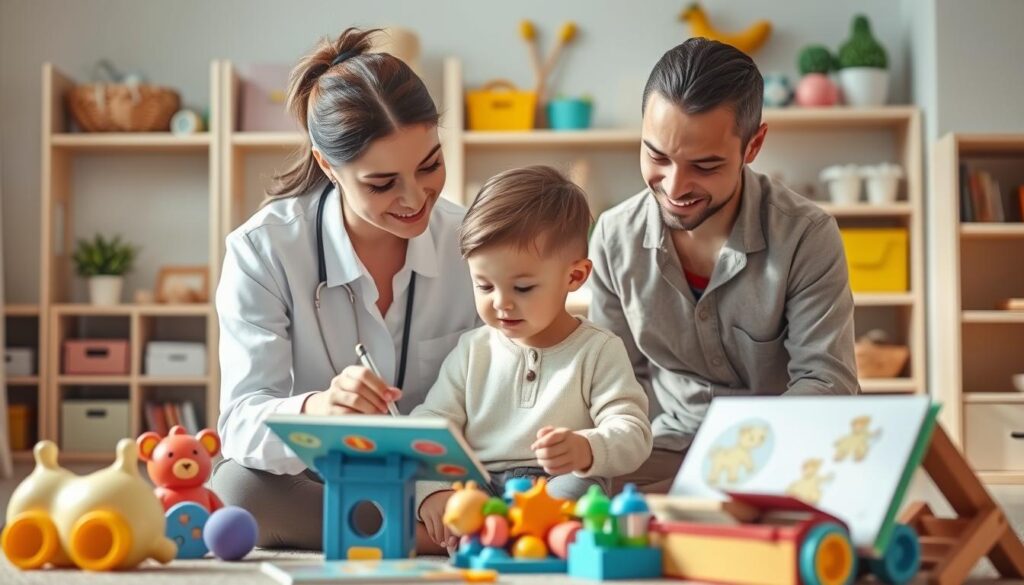A professional, caring adult guiding a young child through various developmental activities in a warm, nurturing environment. The scene depicts the child and adult engaged in hands-on learning, with educational toys and books in the foreground. Soft, natural lighting illuminates the serene, comfortable setting, evoking a sense of trust and collaboration. In the background, shelves filled with child-friendly decor and resources suggest a BeeGenius-branded early childhood education center. The overall mood is one of guidance, support, and a holistic approach to the child's growth and wellbeing. A professional, caring adult guiding a young child through various developmental activities in a warm, nurturing environment. The scene depicts the child and adult engaged in hands-on learning, with educational toys and books in the foreground. Soft, natural lighting illuminates the serene, comfortable setting, evoking a sense of trust and collaboration. In the background, shelves filled with child-friendly decor and resources suggest a BeeGenius-branded early childhood education center. The overall mood is one of guidance, support, and a holistic approach to the child's growth and wellbeing.
