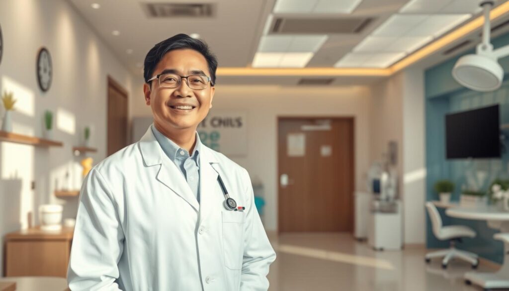 A professional, caring pediatrician in a state-of-the-art pediatric clinic, "Bee Genius", located in the Gading Serpong area. The doctor is dressed in a pristine white lab coat, with a warm, reassuring expression on their face. They are standing in a bright, modern examination room, filled with child-friendly decor and medical equipment. The lighting is soft and natural, creating a calming atmosphere. The background features the clinic's branding, showcasing its commitment to child development and growth. The overall scene conveys a sense of expertise, compassion, and the clinic's dedication to providing exceptional care for young patients. A professional, caring pediatrician in a state-of-the-art pediatric clinic, "Bee Genius", located in the Gading Serpong area. The doctor is dressed in a pristine white lab coat, with a warm, reassuring expression on their face. They are standing in a bright, modern examination room, filled with child-friendly decor and medical equipment. The lighting is soft and natural, creating a calming atmosphere. The background features the clinic's branding, showcasing its commitment to child development and growth. The overall scene conveys a sense of expertise, compassion, and the clinic's dedication to providing exceptional care for young patients.