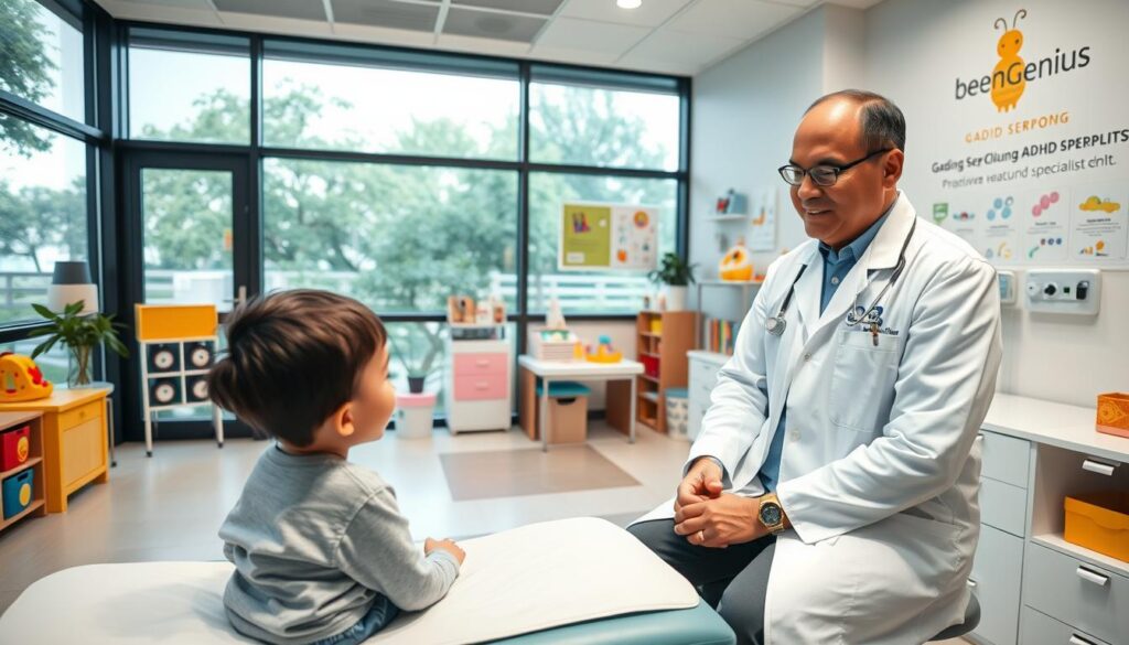 A professional pediatrician's office in a modern medical center, with floor-to-ceiling windows providing ample natural light. The room is furnished with child-friendly decor, including colorful toys and educational posters. A warm, inviting atmosphere with a focus on patient comfort and care. In the foreground, a young patient sits on an examination table, while a kind-faced pediatrician in a crisp white lab coat examines them attentively. The BeeGenius logo is displayed prominently on the doctor's wall, indicating this is the Gading Serpong ADHD specialist clinic. A professional pediatrician's office in a modern medical center, with floor-to-ceiling windows providing ample natural light. The room is furnished with child-friendly decor, including colorful toys and educational posters. A warm, inviting atmosphere with a focus on patient comfort and care. In the foreground, a young patient sits on an examination table, while a kind-faced pediatrician in a crisp white lab coat examines them attentively. The BeeGenius logo is displayed prominently on the doctor's wall, indicating this is the Gading Serpong ADHD specialist clinic.
