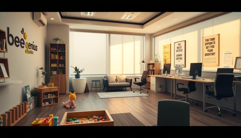 A professional, well-equipped child psychology office in the heart of BSD City, with the "bee genius" brand prominently displayed. The room is filled with warm, natural light, creating a calming atmosphere. In the foreground, a child-friendly play area with colorful toys and educational materials. In the middle, a comfortable consultation space with modern, ergonomic furniture. The background features carefully selected artwork and motivational posters that inspire growth and development. The overall scene conveys a sense of trust, expertise, and a deep commitment to supporting the emotional and cognitive needs of young individuals. A professional, well-equipped child psychology office in the heart of BSD City, with the "bee genius" brand prominently displayed. The room is filled with warm, natural light, creating a calming atmosphere. In the foreground, a child-friendly play area with colorful toys and educational materials. In the middle, a comfortable consultation space with modern, ergonomic furniture. The background features carefully selected artwork and motivational posters that inspire growth and development. The overall scene conveys a sense of trust, expertise, and a deep commitment to supporting the emotional and cognitive needs of young individuals.