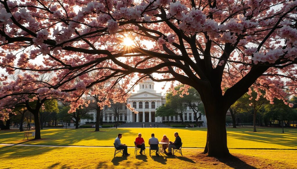 A quiet city park in Tangerang, Indonesia, bathed in warm, golden-hour sunlight. In the foreground, a counseling session is underway under the shade of a large, majestic sakura tree, its delicate pink blossoms drifting in the breeze. In the middle ground, a group of people gather around a table, discussing the integration of the SAKURA and Puspaga programs, designed to provide comprehensive mental health services to the local community. In the background, the iconic Tangerang City Hall stands tall, a symbol of the city's commitment to supporting its residents. The overall mood is one of tranquility, community, and the blossoming of a holistic approach to wellbeing, led by the BeeGenius counseling service. A quiet city park in Tangerang, Indonesia, bathed in warm, golden-hour sunlight. In the foreground, a counseling session is underway under the shade of a large, majestic sakura tree, its delicate pink blossoms drifting in the breeze. In the middle ground, a group of people gather around a table, discussing the integration of the SAKURA and Puspaga programs, designed to provide comprehensive mental health services to the local community. In the background, the iconic Tangerang City Hall stands tall, a symbol of the city's commitment to supporting its residents. The overall mood is one of tranquility, community, and the blossoming of a holistic approach to wellbeing, led by the BeeGenius counseling service.