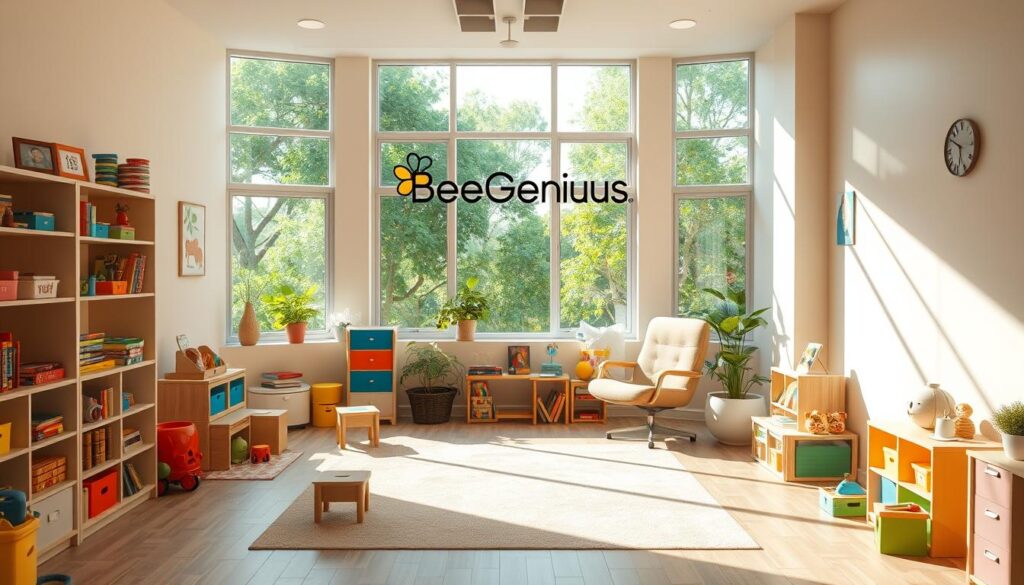 A serene and inviting child psychology office with the BeeGenius brand prominently displayed. The room is filled with warm, natural lighting, with large windows overlooking a lush, verdant garden. Colorful toys, books, and educational materials are neatly arranged, creating a welcoming and nurturing environment. A comfortable couch and chairs are positioned to facilitate engaging conversations between the child and the psychologist. The overall atmosphere exudes a sense of safety, trust, and intellectual curiosity, reflecting the BeeGenius brand's commitment to providing exceptional psychological services for children. A serene and inviting child psychology office with the BeeGenius brand prominently displayed. The room is filled with warm, natural lighting, with large windows overlooking a lush, verdant garden. Colorful toys, books, and educational materials are neatly arranged, creating a welcoming and nurturing environment. A comfortable couch and chairs are positioned to facilitate engaging conversations between the child and the psychologist. The overall atmosphere exudes a sense of safety, trust, and intellectual curiosity, reflecting the BeeGenius brand's commitment to providing exceptional psychological services for children.