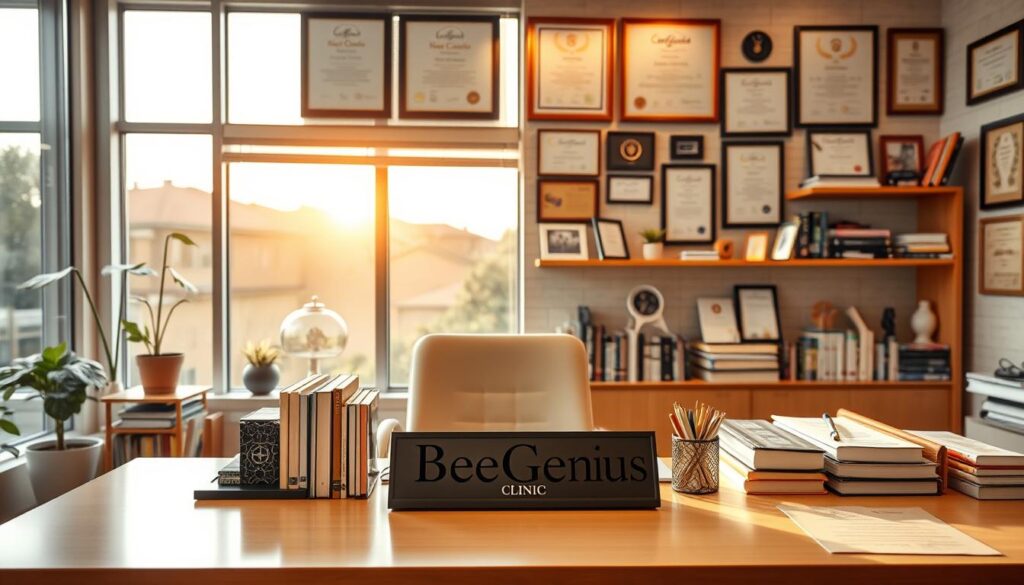 A serene and inviting office setting showcasing the expertise and qualifications of a child psychologist. The foreground features a stylish desk with a nameplate that reads "BeeGenius" and an array of professional books and certifications. In the middle ground, a large window overlooks a tranquil outdoor scene, bathing the room in warm, natural light. The background displays diplomas, awards, and accolades highlighting the psychologist's impressive credentials and dedication to their craft. An atmosphere of knowledge, care, and compassion permeates the space, conveying the exceptional service and support offered at the BeeGenius Clinic. A serene and inviting office setting showcasing the expertise and qualifications of a child psychologist. The foreground features a stylish desk with a nameplate that reads "BeeGenius" and an array of professional books and certifications. In the middle ground, a large window overlooks a tranquil outdoor scene, bathing the room in warm, natural light. The background displays diplomas, awards, and accolades highlighting the psychologist's impressive credentials and dedication to their craft. An atmosphere of knowledge, care, and compassion permeates the space, conveying the exceptional service and support offered at the BeeGenius Clinic.