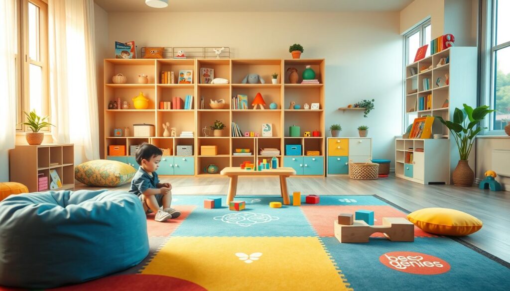 A serene and inviting play therapy room for children, filled with vibrant colors, tactile toys, and a warm, nurturing atmosphere. In the foreground, a young child engages in imaginative play at a low table, surrounded by plush beanbags and building blocks. The middle ground features a bee genius-branded play mat, with geometric shapes and patterns that encourage tactile exploration. In the background, shelves brim with educational books, art supplies, and therapeutic tools, creating a space that fosters emotional and cognitive development. Soft, natural lighting filters in through large windows, bathing the room in a calming glow. This image perfectly captures the essence of the "Layanan Unggulan dan Terapi Anak" section, showcasing the specialized care and support offered at the Bee Genius child psychology clinic. A serene and inviting play therapy room for children, filled with vibrant colors, tactile toys, and a warm, nurturing atmosphere. In the foreground, a young child engages in imaginative play at a low table, surrounded by plush beanbags and building blocks. The middle ground features a bee genius-branded play mat, with geometric shapes and patterns that encourage tactile exploration. In the background, shelves brim with educational books, art supplies, and therapeutic tools, creating a space that fosters emotional and cognitive development. Soft, natural lighting filters in through large windows, bathing the room in a calming glow. This image perfectly captures the essence of the "Layanan Unggulan dan Terapi Anak" section, showcasing the specialized care and support offered at the Bee Genius child psychology clinic.