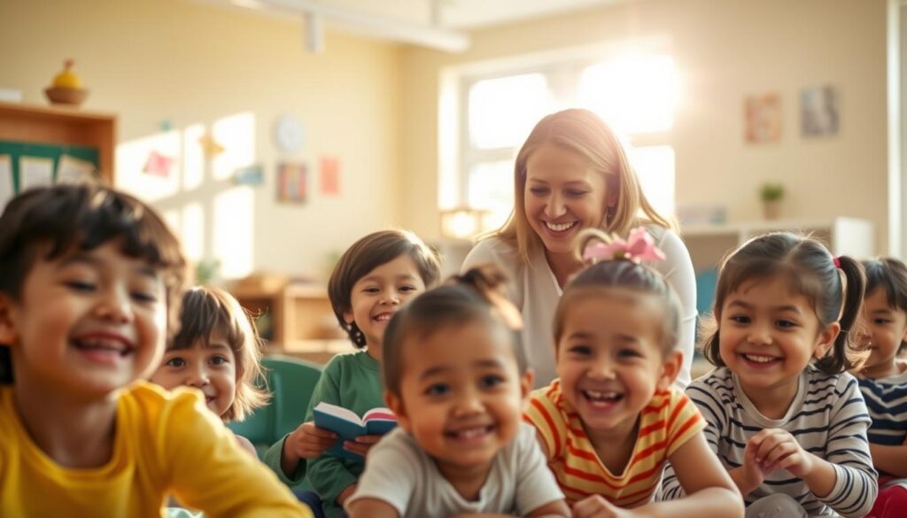 A serene and vibrant scene showcasing the benefits of BeeGenius learning services. In the foreground, a group of cheerful children engage in various educational activities, their faces radiating with joy and curiosity. In the middle ground, a caring BeeGenius tutor guides them, utilizing innovative teaching methods and interactive tools. The background depicts a warm, sunlit classroom filled with natural light, fostering a nurturing and stimulating environment for learning and growth. The overall atmosphere conveys the enriching and empowering nature of BeeGenius' services, highlighting their positive impact on a child's cognitive and social development. A serene and vibrant scene showcasing the benefits of BeeGenius learning services. In the foreground, a group of cheerful children engage in various educational activities, their faces radiating with joy and curiosity. In the middle ground, a caring BeeGenius tutor guides them, utilizing innovative teaching methods and interactive tools. The background depicts a warm, sunlit classroom filled with natural light, fostering a nurturing and stimulating environment for learning and growth. The overall atmosphere conveys the enriching and empowering nature of BeeGenius' services, highlighting their positive impact on a child's cognitive and social development.