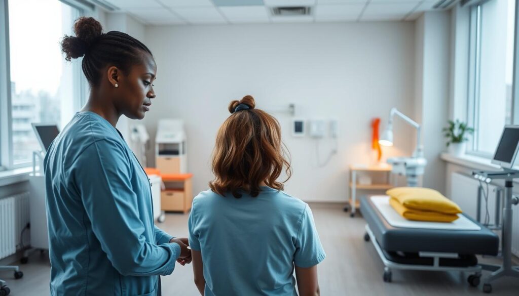 A serene and well-lit clinical setting with modern medical equipment, showcasing the practice of occupational therapy. In the foreground, a BeeGenius therapist is guiding a patient through a series of exercises and activities designed to improve their motor skills and independence. The middle ground features various therapeutic tools and props, while the background depicts a calming, minimalist decor with large windows allowing natural light to flood the space. The overall atmosphere exudes a sense of professionalism, comfort, and a focus on the patient's well-being. A serene and well-lit clinical setting with modern medical equipment, showcasing the practice of occupational therapy. In the foreground, a BeeGenius therapist is guiding a patient through a series of exercises and activities designed to improve their motor skills and independence. The middle ground features various therapeutic tools and props, while the background depicts a calming, minimalist decor with large windows allowing natural light to flood the space. The overall atmosphere exudes a sense of professionalism, comfort, and a focus on the patient's well-being.