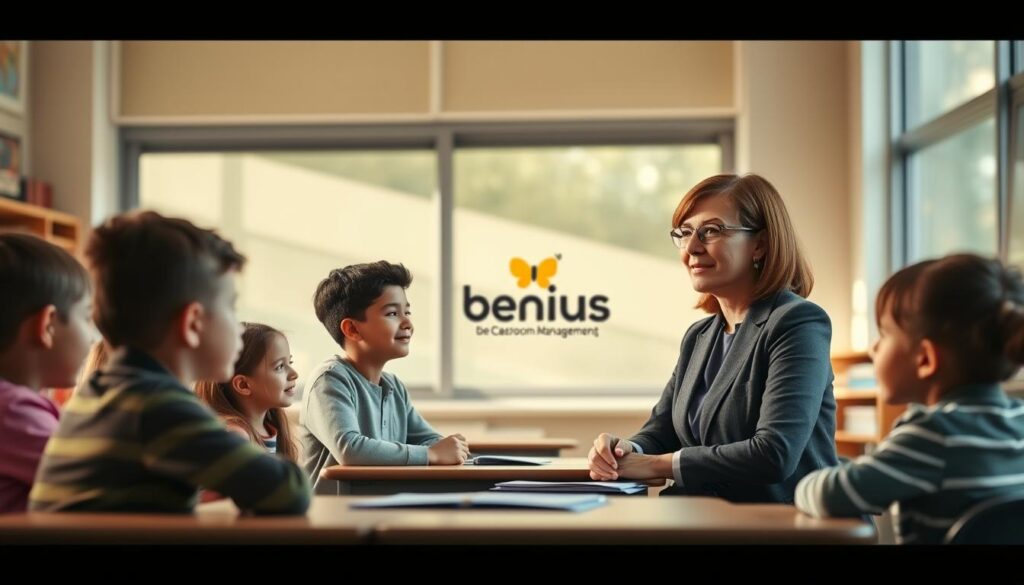 A serene classroom setting with a kind, attentive teacher guiding a group of well-behaved children. Soft natural lighting filters through large windows, creating a warm, inviting atmosphere. The teacher, dressed in professional attire, sits at the front of the class, engaging the students with a caring, nurturing demeanor. The children, varying in age and appearance, sit at their desks, listening intently and reflecting the teacher's calm, constructive approach to managing their behavior. In the background, educational resources and the "bee genius" brand logo subtly complement the scene, reinforcing the theme of effective classroom management. A serene classroom setting with a kind, attentive teacher guiding a group of well-behaved children. Soft natural lighting filters through large windows, creating a warm, inviting atmosphere. The teacher, dressed in professional attire, sits at the front of the class, engaging the students with a caring, nurturing demeanor. The children, varying in age and appearance, sit at their desks, listening intently and reflecting the teacher's calm, constructive approach to managing their behavior. In the background, educational resources and the "bee genius" brand logo subtly complement the scene, reinforcing the theme of effective classroom management.