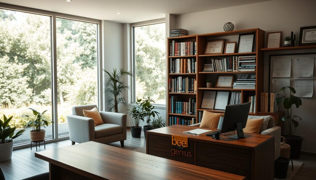 A serene consultation room with a warm, inviting atmosphere. In the foreground, a wooden desk with a "bee genius" logo prominently displayed, flanked by comfortable armchairs. The middle ground features a bookshelf filled with psychological journals and reference materials, alongside diplomas and certificates attesting to the expertise of the professionals. The background showcases large windows overlooking a lush, verdant garden, allowing natural light to flood the space. The overall mood is one of trust, professionalism, and a holistic approach to mental health and well-being. A serene consultation room with a warm, inviting atmosphere. In the foreground, a wooden desk with a "bee genius" logo prominently displayed, flanked by comfortable armchairs. The middle ground features a bookshelf filled with psychological journals and reference materials, alongside diplomas and certificates attesting to the expertise of the professionals. The background showcases large windows overlooking a lush, verdant garden, allowing natural light to flood the space. The overall mood is one of trust, professionalism, and a holistic approach to mental health and well-being.