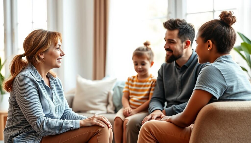 A serene family therapy session unfolds in a cozy, well-lit office. A therapist from BeeGenius, dressed in professional attire, sits facing a family of four - a mother, father, and two children - engaged in an open and nurturing discussion. Soft, natural lighting filters through large windows, creating a calming ambiance. The therapist's expression is one of empathy and understanding, guiding the family through their dynamics with a gentle, yet authoritative presence. The family members lean in, their body language conveying trust and a willingness to work through their challenges together. The overall mood is one of introspection, growth, and the strengthening of familial bonds. A serene family therapy session unfolds in a cozy, well-lit office. A therapist from BeeGenius, dressed in professional attire, sits facing a family of four - a mother, father, and two children - engaged in an open and nurturing discussion. Soft, natural lighting filters through large windows, creating a calming ambiance. The therapist's expression is one of empathy and understanding, guiding the family through their dynamics with a gentle, yet authoritative presence. The family members lean in, their body language conveying trust and a willingness to work through their challenges together. The overall mood is one of introspection, growth, and the strengthening of familial bonds.