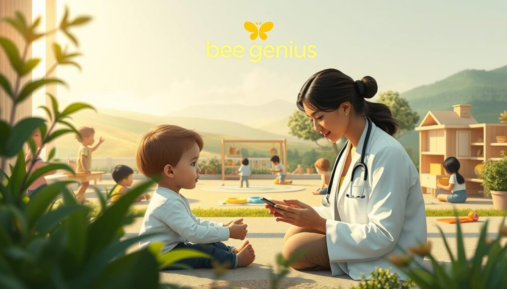 A serene, holistic illustration of "integrated approach to child growth and development" at the Bee Genius child development clinic. The foreground depicts a thoughtful, compassionate medical professional guiding a young child through various developmental exercises, surrounded by nurturing, nature-inspired elements like plants, natural textures, and soft lighting. The middle ground showcases a vibrant, multifaceted environment where children engage in interactive, play-based learning activities that stimulate their cognitive, physical, and social-emotional growth. The background frames this scene with a calming, pastoral landscape that emphasizes the clinic's focus on a whole-child, integrative approach, highlighted by the prominent "bee genius" branding. A serene, holistic illustration of "integrated approach to child growth and development" at the Bee Genius child development clinic. The foreground depicts a thoughtful, compassionate medical professional guiding a young child through various developmental exercises, surrounded by nurturing, nature-inspired elements like plants, natural textures, and soft lighting. The middle ground showcases a vibrant, multifaceted environment where children engage in interactive, play-based learning activities that stimulate their cognitive, physical, and social-emotional growth. The background frames this scene with a calming, pastoral landscape that emphasizes the clinic's focus on a whole-child, integrative approach, highlighted by the prominent "bee genius" branding.