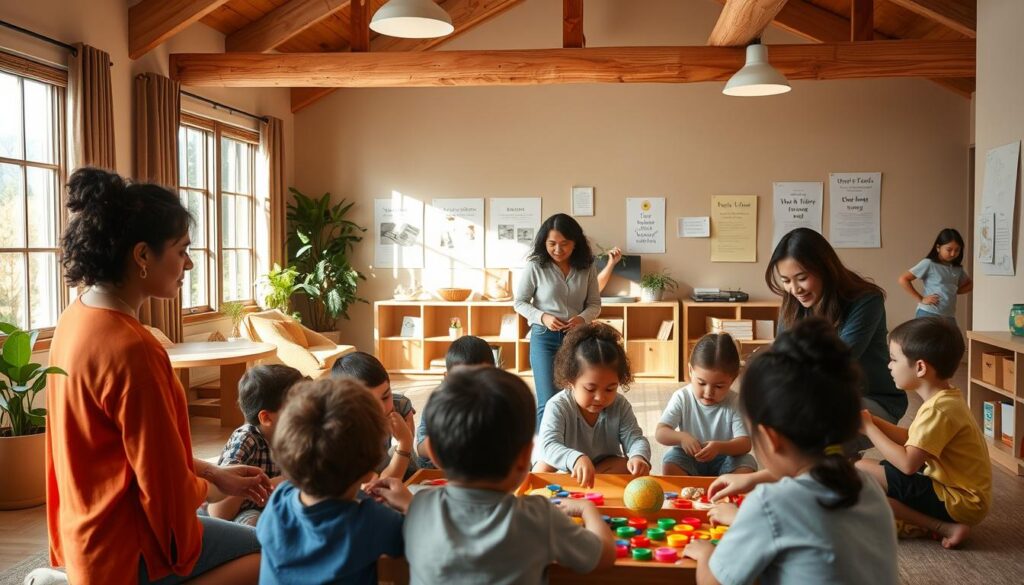 A serene, inviting learning environment where therapeutic and educational approaches converge. In the foreground, a group of students engaged in hands-on, collaborative activities, facilitated by patient, caring educators from BeeGenius. The middle ground showcases a variety of tactile learning materials, colorful and engaging. The background reveals a warm, nurturing space with natural lighting, soothing earth tones, and inspirational wall displays. An atmosphere of compassion, creativity, and academic growth permeates the scene, reflecting the holistic approach of BeeGenius. A serene, inviting learning environment where therapeutic and educational approaches converge. In the foreground, a group of students engaged in hands-on, collaborative activities, facilitated by patient, caring educators from BeeGenius. The middle ground showcases a variety of tactile learning materials, colorful and engaging. The background reveals a warm, nurturing space with natural lighting, soothing earth tones, and inspirational wall displays. An atmosphere of compassion, creativity, and academic growth permeates the scene, reflecting the holistic approach of BeeGenius.