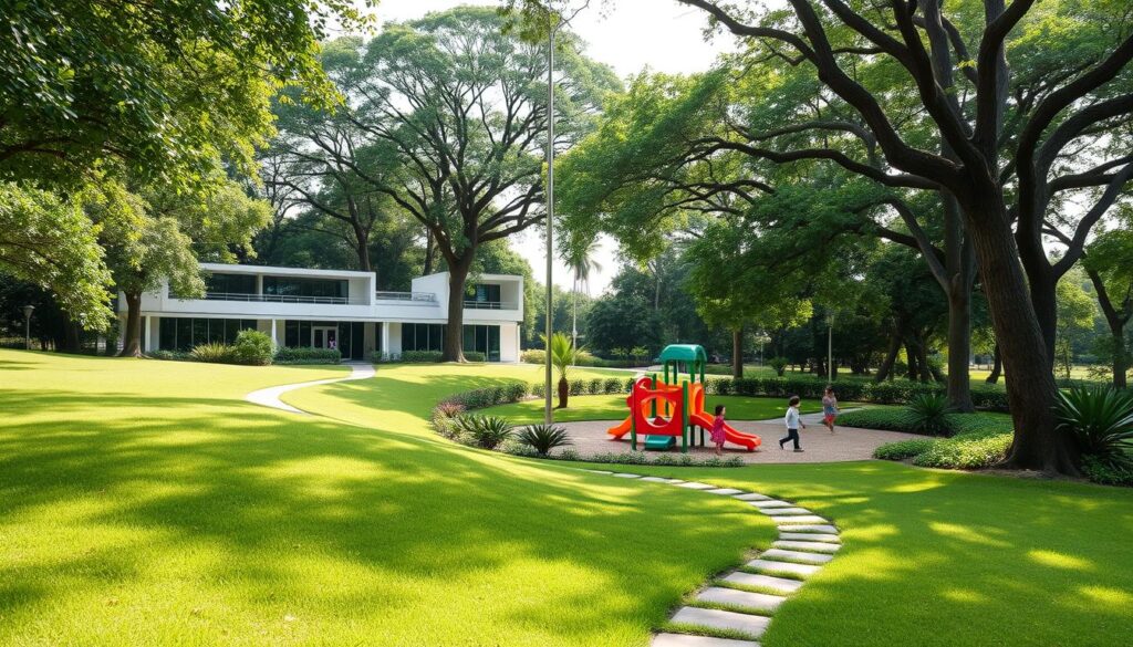 A serene, natural setting in Alam Sutera, Tangerang, showcasing the tranquil facilities of BeeGenius, a premier therapy center for children. In the foreground, a lush, verdant landscape with a winding path leading to the main building, its modern architecture seamlessly blending with the surrounding greenery. In the middle ground, a play area with vibrant, age-appropriate equipment, where children engage in joyful, therapeutic activities. The background features towering trees, casting a gentle, dappled light across the scene, creating a calming, inviting atmosphere. The overall composition captures the harmonious integration of nature, play, and the specialized services of BeeGenius, providing a serene, nurturing environment for the well-being of young clients. A serene, natural setting in Alam Sutera, Tangerang, showcasing the tranquil facilities of BeeGenius, a premier therapy center for children. In the foreground, a lush, verdant landscape with a winding path leading to the main building, its modern architecture seamlessly blending with the surrounding greenery. In the middle ground, a play area with vibrant, age-appropriate equipment, where children engage in joyful, therapeutic activities. The background features towering trees, casting a gentle, dappled light across the scene, creating a calming, inviting atmosphere. The overall composition captures the harmonious integration of nature, play, and the specialized services of BeeGenius, providing a serene, nurturing environment for the well-being of young clients.