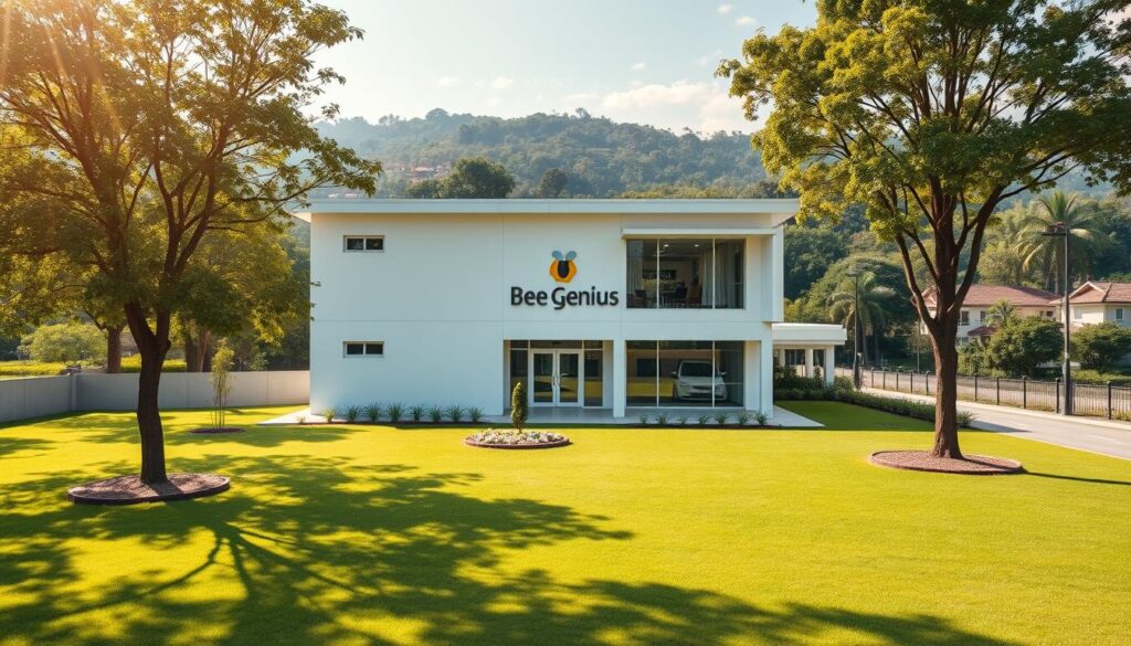 A serene, sun-dappled exterior of the "Bee Genius" child development center in Alam Sutera, Tangerang. A modern, minimalist two-story building set against a lush, verdant landscape, its clean lines and large windows creating a welcoming, light-filled atmosphere. The foreground features a well-manicured lawn with decorative landscaping, while the middle ground showcases the building's facade, adorned with the "Bee Genius" logo. The background depicts the surrounding neighborhood, with clusters of trees and residential buildings visible in the distance, conveying a sense of tranquility and community. The lighting is soft and natural, lending a serene, inviting ambiance to the scene. A serene, sun-dappled exterior of the "Bee Genius" child development center in Alam Sutera, Tangerang. A modern, minimalist two-story building set against a lush, verdant landscape, its clean lines and large windows creating a welcoming, light-filled atmosphere. The foreground features a well-manicured lawn with decorative landscaping, while the middle ground showcases the building's facade, adorned with the "Bee Genius" logo. The background depicts the surrounding neighborhood, with clusters of trees and residential buildings visible in the distance, conveying a sense of tranquility and community. The lighting is soft and natural, lending a serene, inviting ambiance to the scene.