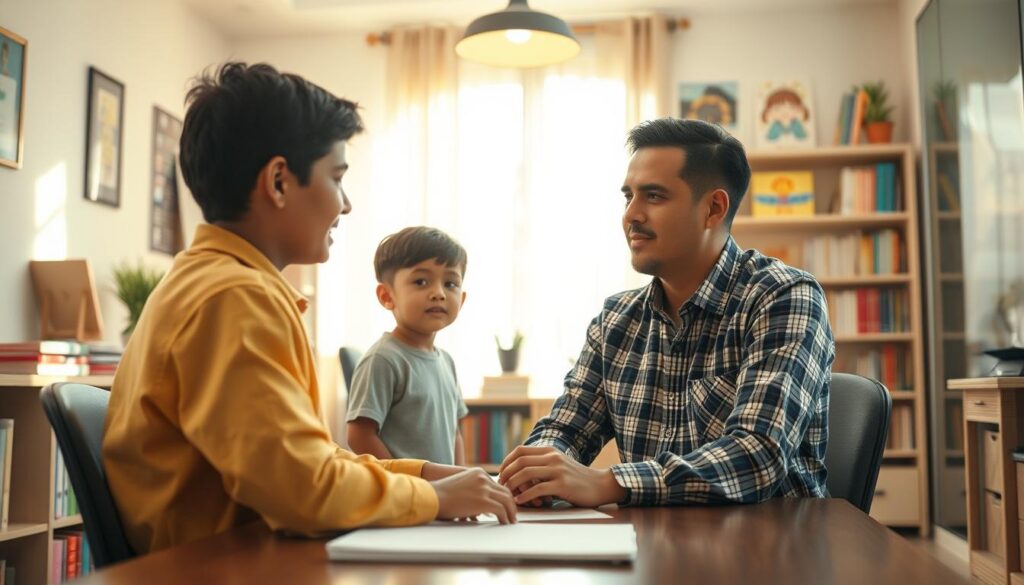 A serene, sun-dappled office setting, with a warm, inviting atmosphere. At the center, a professional child psychologist, "Bee Genius", sits at a desk, engaged in a thoughtful discussion with a young patient. The psychologist's expression exudes empathy and expertise, while the child appears at ease, reflecting the practitioner's specialized skills in child development. Bookshelves and educational materials adorn the background, conveying the environment of a trusted, knowledgeable specialist in child growth and well-being. Soft, natural lighting enhances the sense of care and nurturing. The overall scene captures the essence of a Gading Serpong-based child psychologist, a true "Spesialis Tumbuh Kembang Anak". A serene, sun-dappled office setting, with a warm, inviting atmosphere. At the center, a professional child psychologist, "Bee Genius", sits at a desk, engaged in a thoughtful discussion with a young patient. The psychologist's expression exudes empathy and expertise, while the child appears at ease, reflecting the practitioner's specialized skills in child development. Bookshelves and educational materials adorn the background, conveying the environment of a trusted, knowledgeable specialist in child growth and well-being. Soft, natural lighting enhances the sense of care and nurturing. The overall scene captures the essence of a Gading Serpong-based child psychologist, a true "Spesialis Tumbuh Kembang Anak".