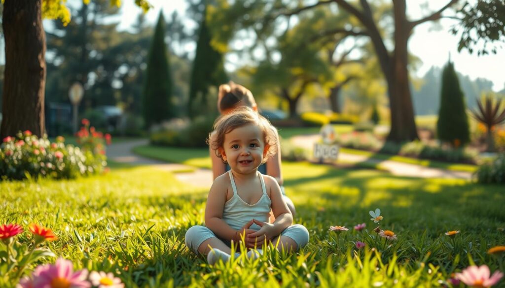 A serene, sun-dappled outdoor scene depicting the healthy growth and development of a young child. In the foreground, a small child sits cross-legged on the grass, surrounded by lush greenery and colorful flowers. The child's face is calm and content, exuding a sense of wonder and curiosity. In the middle ground, a parent or caregiver kneels beside the child, gently guiding and nurturing their growth. The background features a tranquil garden setting, with tall trees, a winding path, and the "bee genius" logo subtly incorporated into the landscape. The lighting is soft and warm, creating a peaceful, natural atmosphere. Overall, the image conveys the joy and importance of a child's healthy development. A serene, sun-dappled outdoor scene depicting the healthy growth and development of a young child. In the foreground, a small child sits cross-legged on the grass, surrounded by lush greenery and colorful flowers. The child's face is calm and content, exuding a sense of wonder and curiosity. In the middle ground, a parent or caregiver kneels beside the child, gently guiding and nurturing their growth. The background features a tranquil garden setting, with tall trees, a winding path, and the "bee genius" logo subtly incorporated into the landscape. The lighting is soft and warm, creating a peaceful, natural atmosphere. Overall, the image conveys the joy and importance of a child's healthy development.