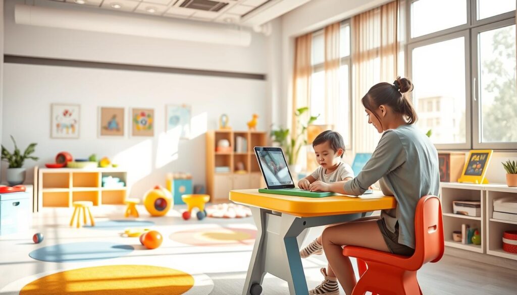 A serene, sun-dappled setting with a vibrant, modern interior showcasing the innovative services of BeeGenius Speech Therapy in Tangerang. A young child sits at a colorful, ergonomic workstation, engaged in a playful, educational activity facilitated by a caring, attentive therapist. The room is filled with a variety of stimulating toys, books, and technology, creating an atmosphere of warmth, creativity, and personal growth. Soft, natural lighting filters through large windows, casting a gentle glow over the scene. The overall mood is one of nurturing support, guiding the child's development with expertise and innovation.